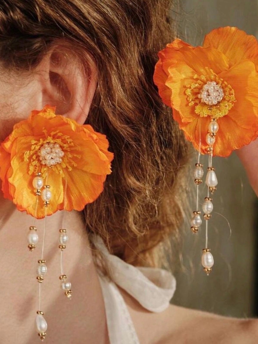 Orange Floral Pearl Drop Earrings